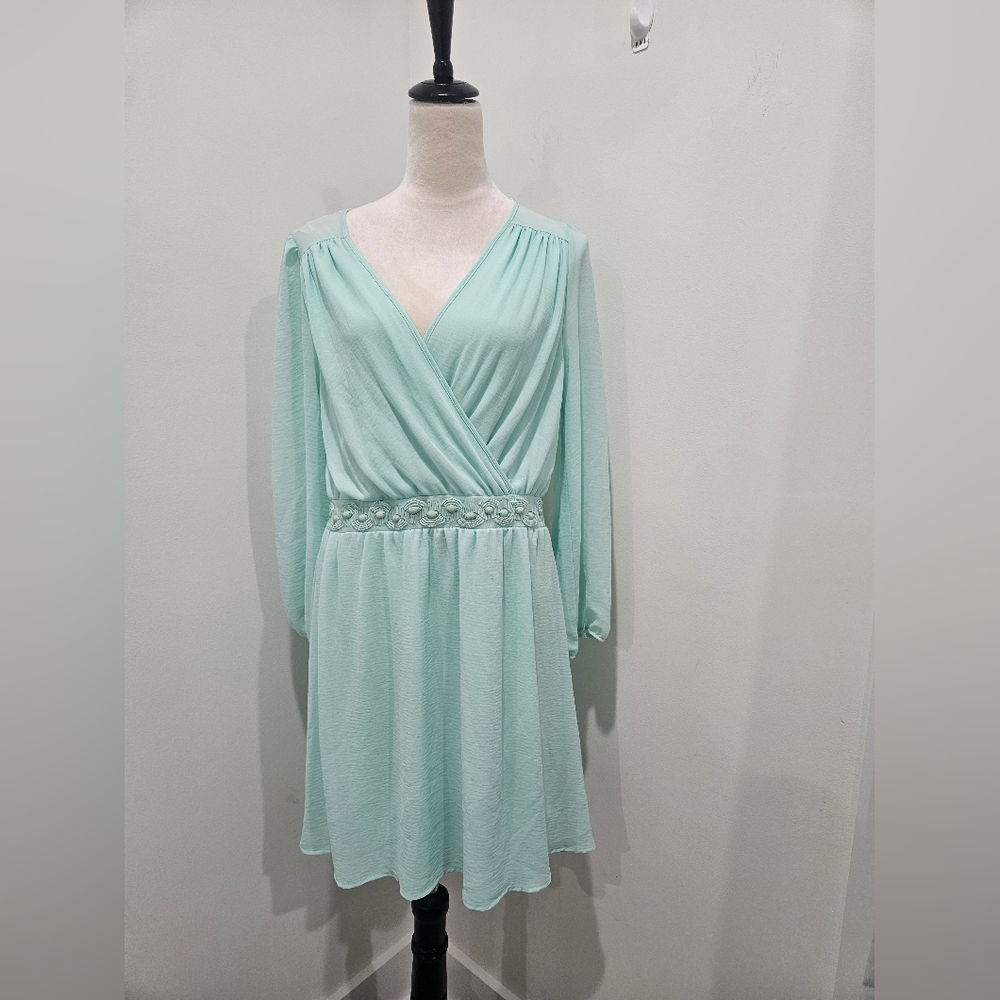 Sage Mint Green Beaded Waist Chiffon Long Sleeve Dress Size L